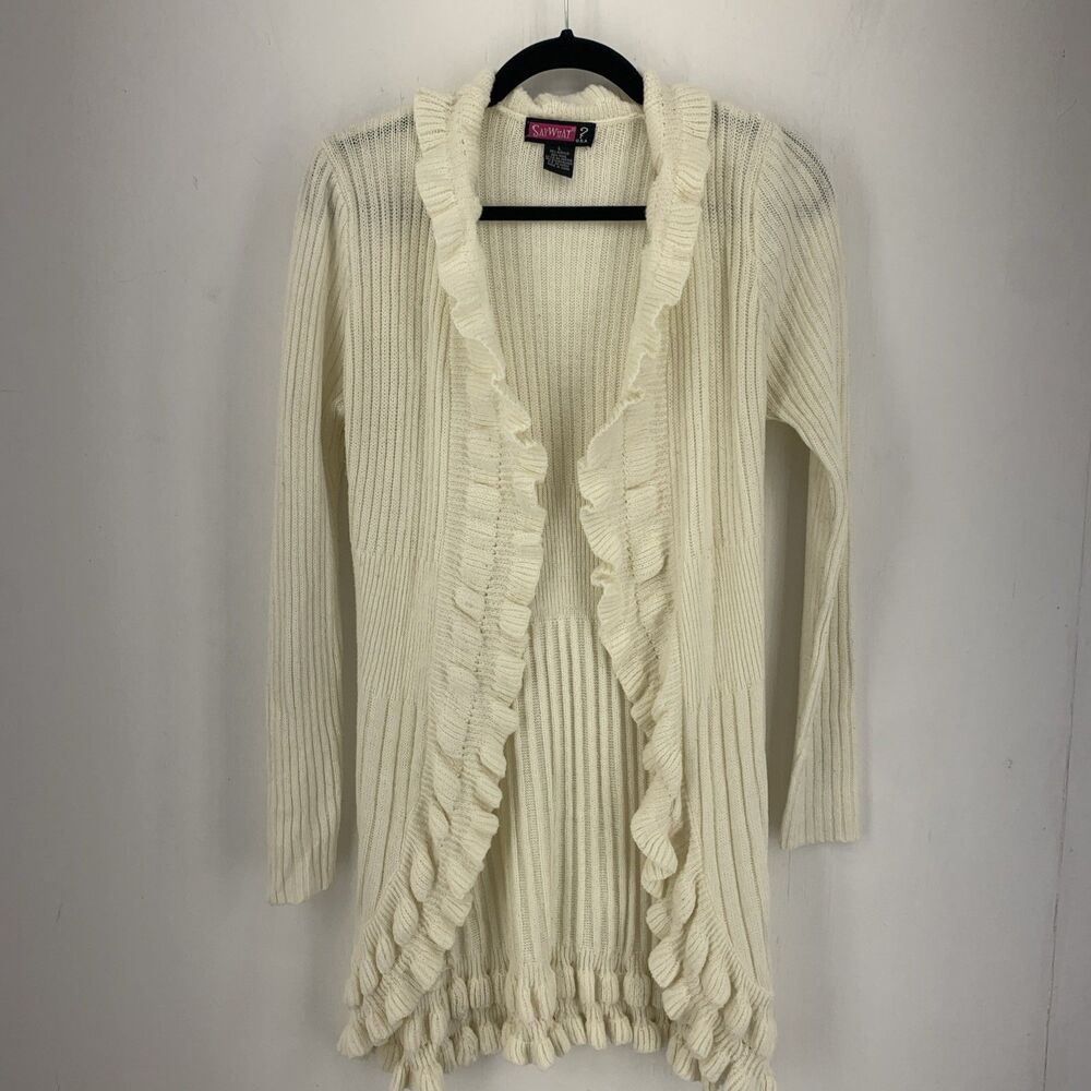 Vtg Jr Large Cardigan‎ Duster Sweater Riffles Open Front Y2K Girlie Cottagecore